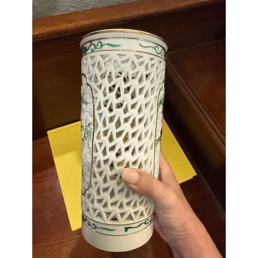 Reticulated Blanc‎ de Chine Porcelain Lantern Lamp Base or Vase MCM 8.75